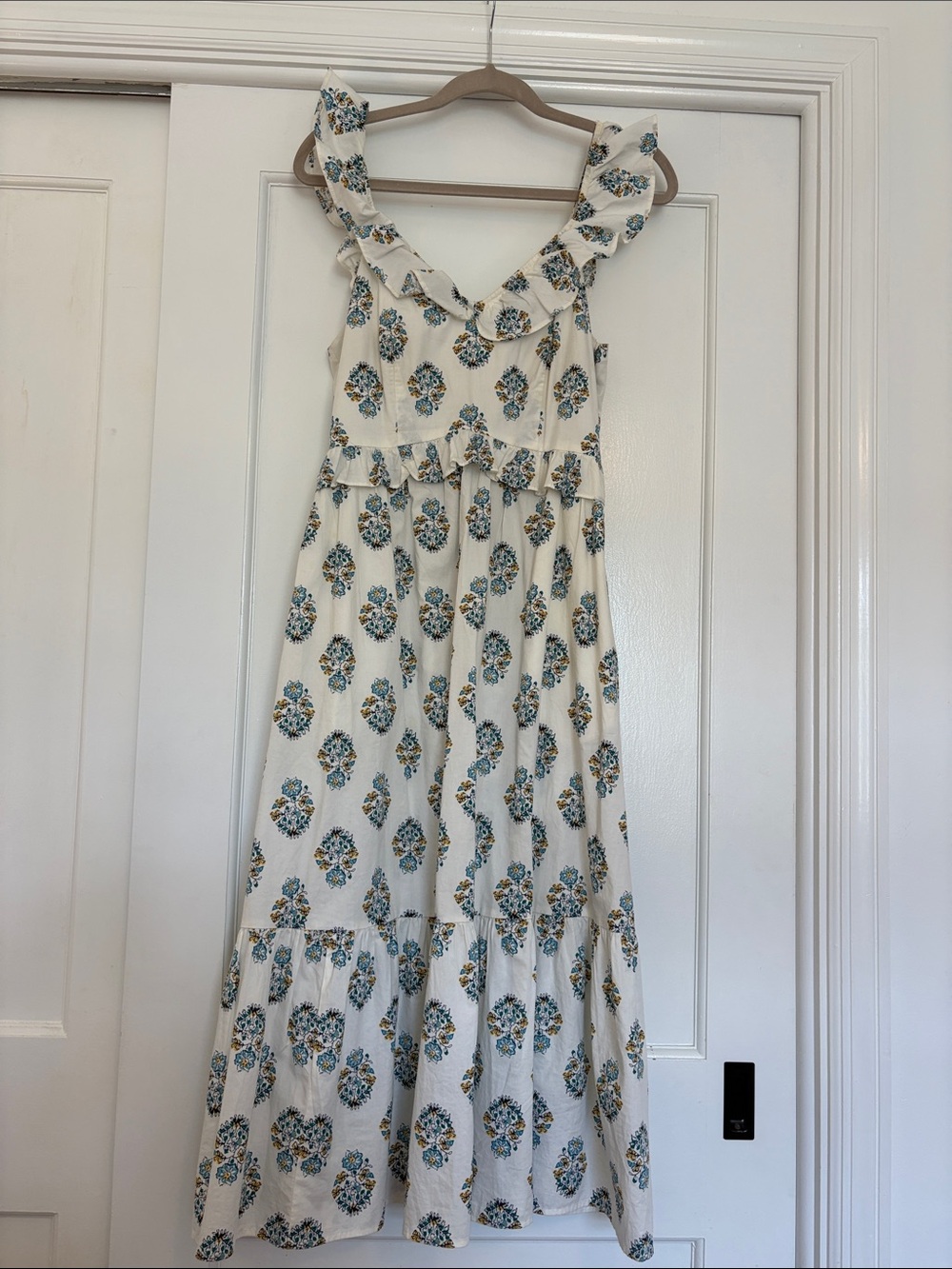 J. Crew Cream Maxi Dress with Blue-Green Floral Print